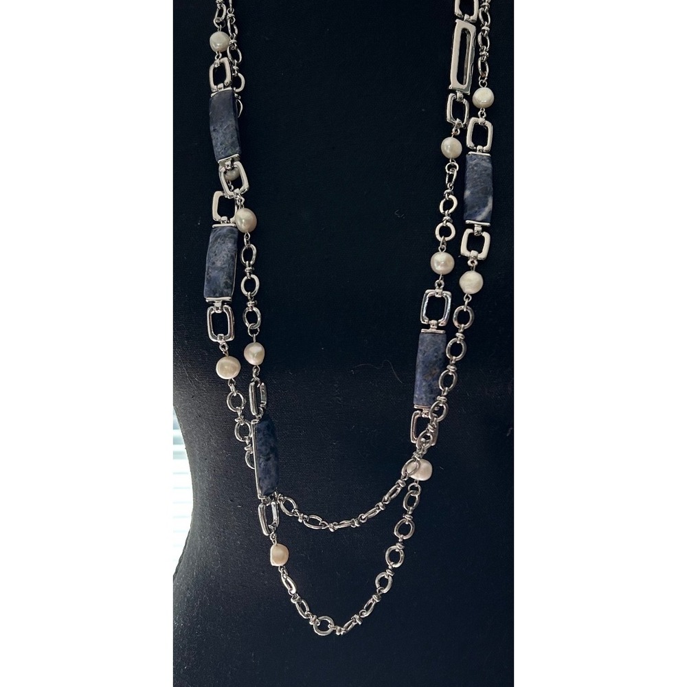 WHBM White House Black Market Silver Tone Layered Necklace Blue Stone Faux Pearl